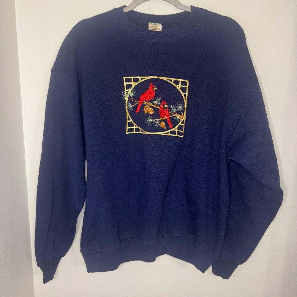 VTG Peanut Butter & Jelly Sweatshirt Womens XLarge Cardinal Bird Holiday Red T14